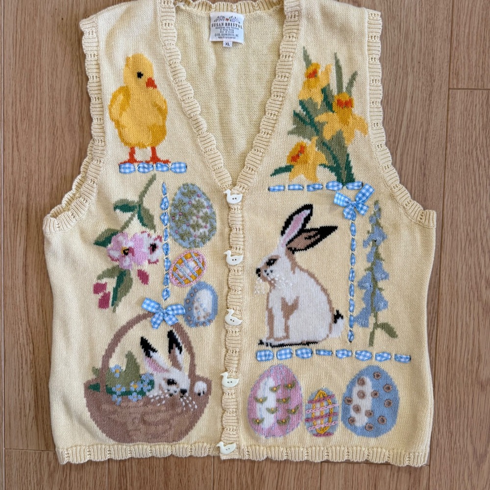 VINTAGE 1995 Susan Bristol Easter Sweater Vest Womens XL Bunny Hand embroidered